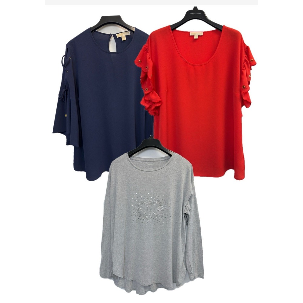 Lot Of 3 Michael Kors‎ Women's Plus 0X Tops Red, Blue, Grey Studded Logo Ruffles